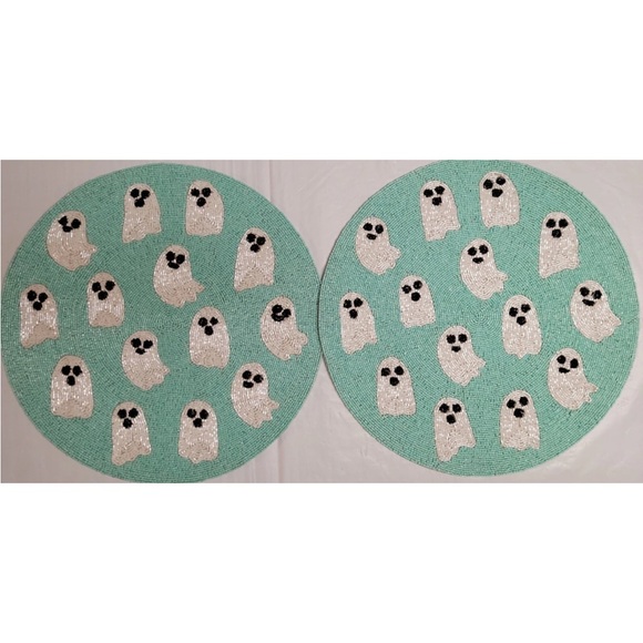 2x Nicole Miller Halloween Ghosts Beaded Placemat Centerpiece Charger 15